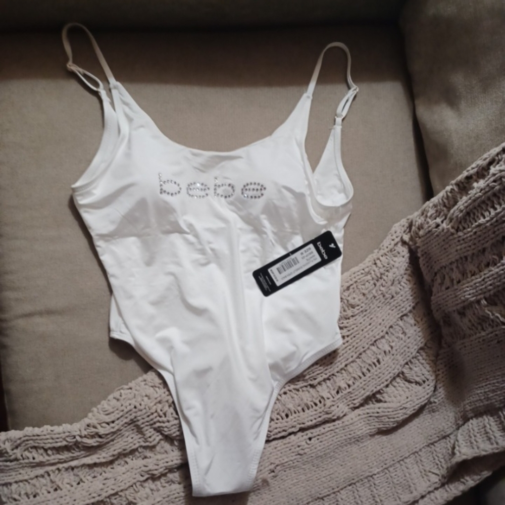 bebe White Rhinestone Logo One-Piece Swimsuit